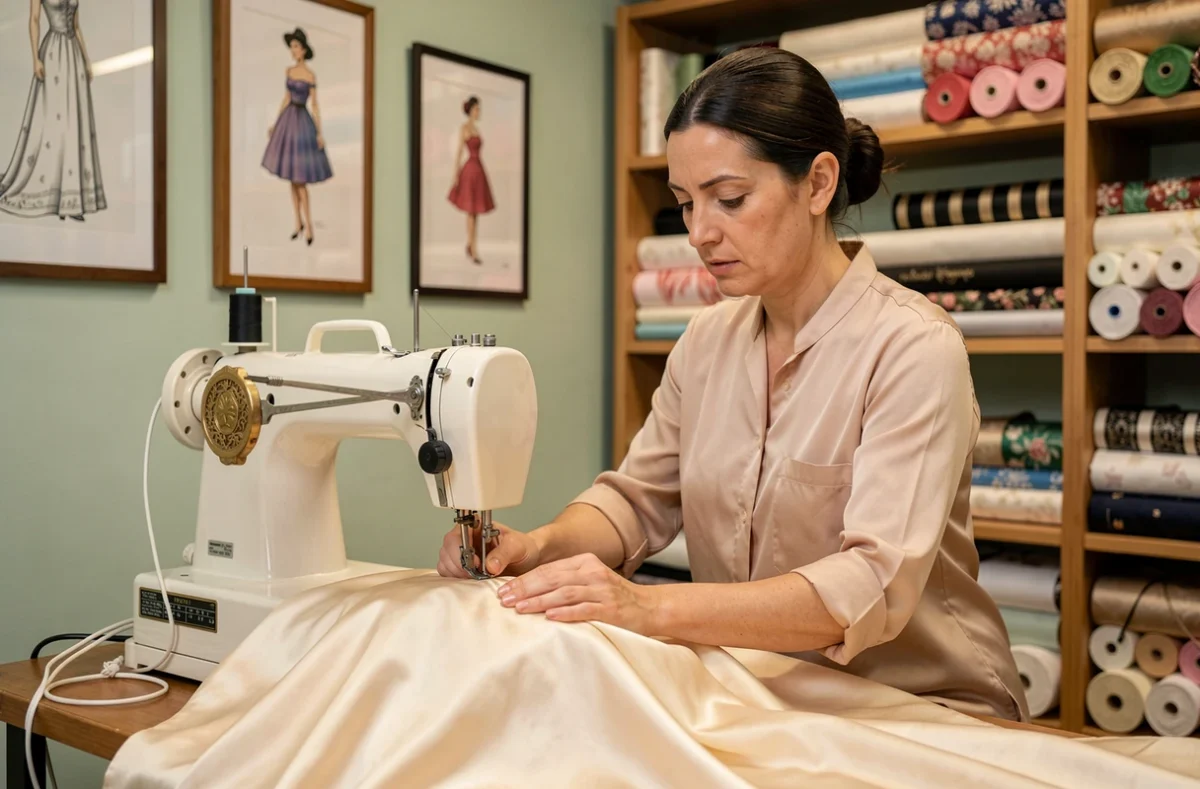 Couturière cousant une robe en soie à la machine dans la boutique Pia Couture au Bouscat