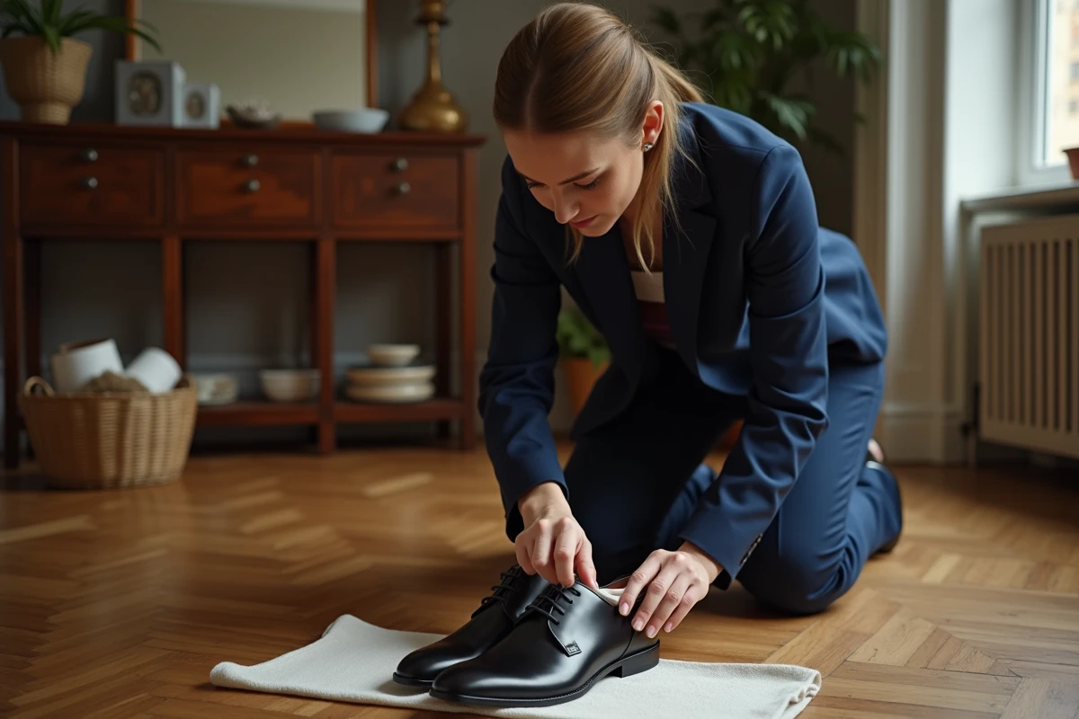 Femme faisant briller des derbies en cuir noir avec un chiffon de polissage dans un couloir d'appartement