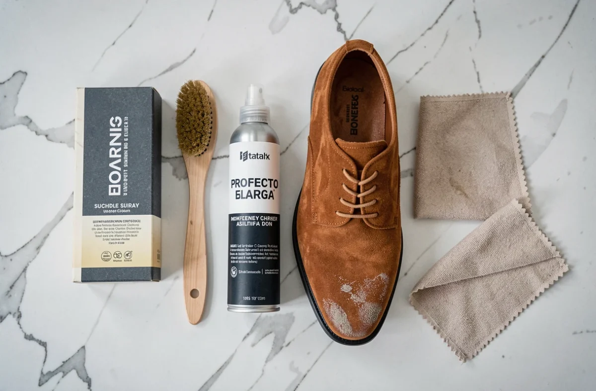 Vue de dessus des produits d'entretien pour chaussures en daim disposés sur un plan de travail en marbre avec un mocassin usagé