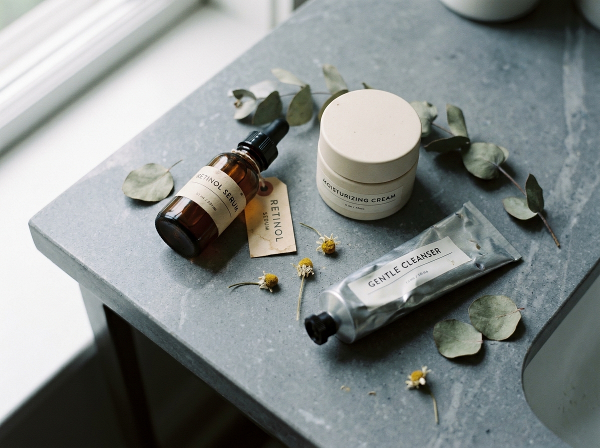 Plat posé de produits de soin visage incluant un sérum au rétinol sur un comptoir en pierre grise