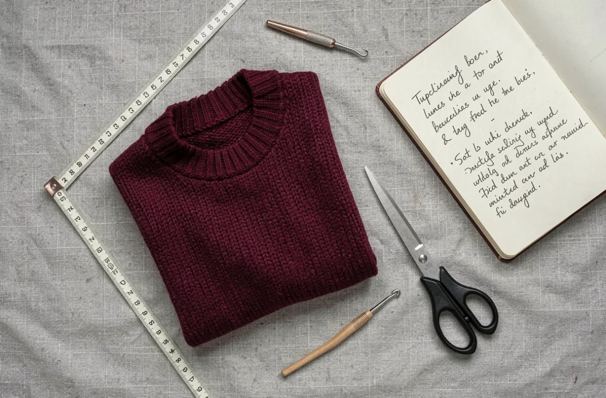 Pull en laine rétréci posé à plat avec ciseaux, mètre ruban et carnet d'idées de transformation couture