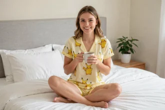 Jeune femme portant un pyjama court Pokémon à motifs Pikachu sur un lit confortable, idéal pour l'été
