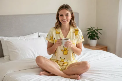 Jeune femme portant un pyjama court Pokémon à motifs Pikachu sur un lit confortable, idéal pour l'été