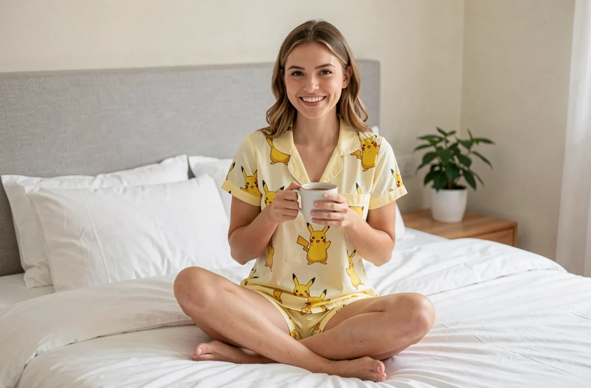 Jeune femme portant un pyjama court Pokémon à motifs Pikachu sur un lit confortable, idéal pour l'été