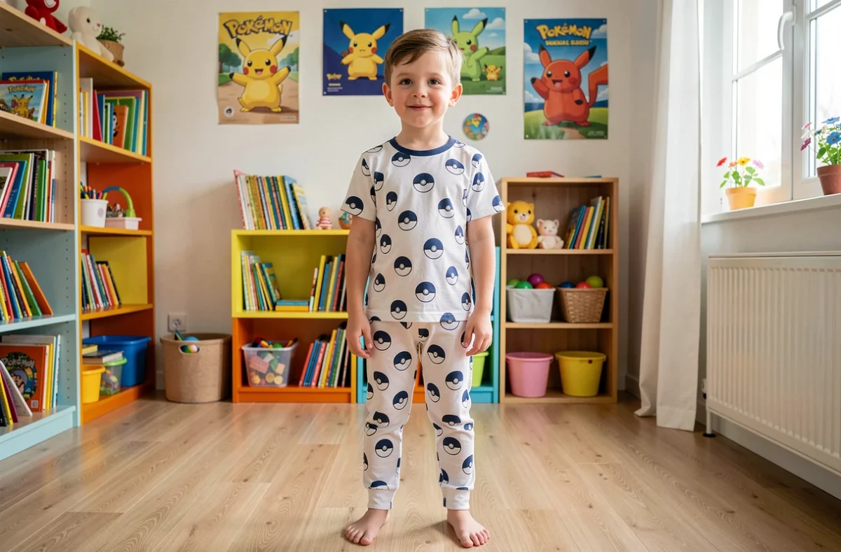 Enfant en pyjama Pokémon pantalon long à motifs Poké Ball dans une chambre colorée, comparaison pour l'été