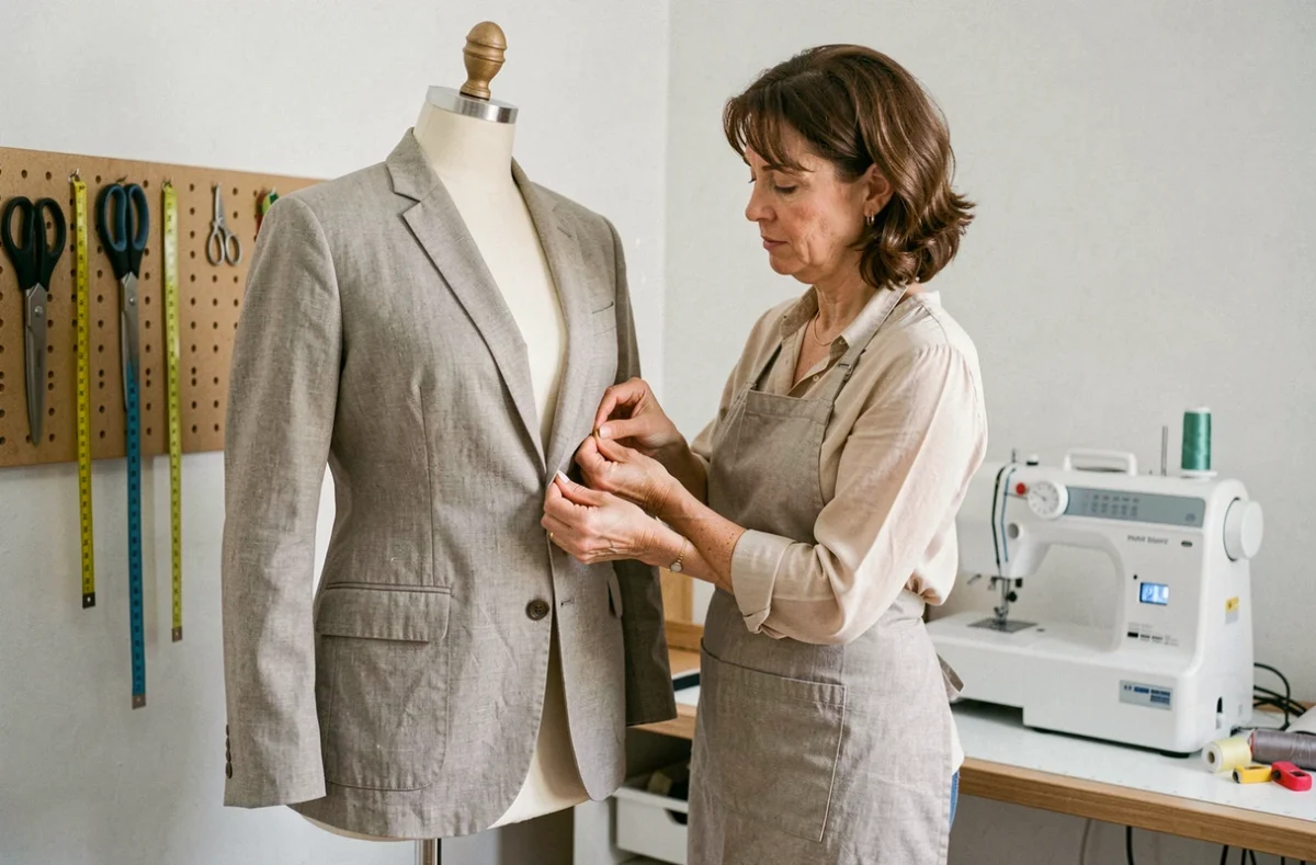 Couturière épinglant l'ourlet d'un blazer sur un mannequin dans l'atelier de Rapid'Couture à Mérignac
