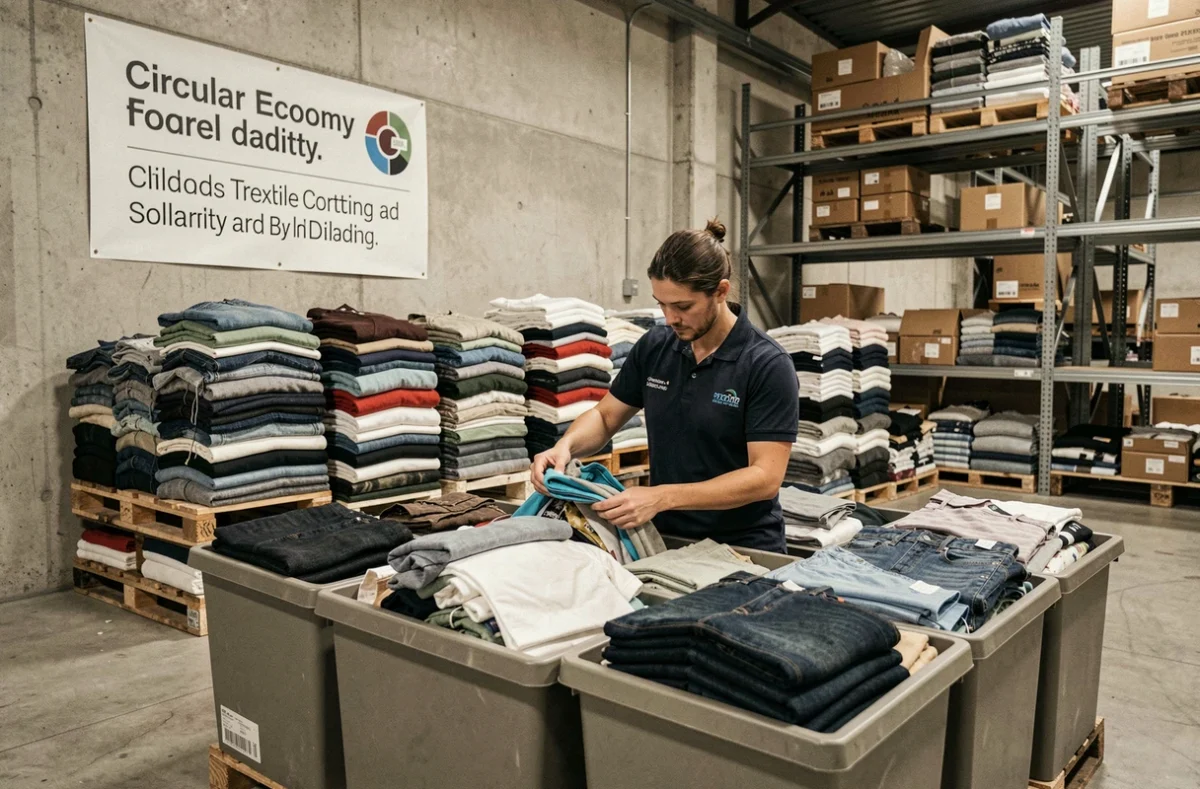Employé du Relais 93 triant des vêtements collectés dans un entrepôt de revente solidaire