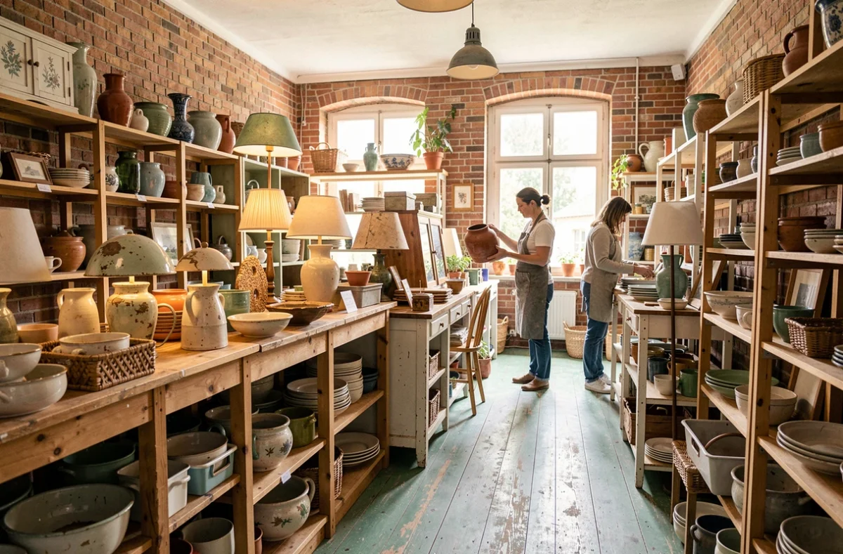 Intérieur de la Ressourcerie La Mine à Bobigny avec objets récupérés et vendus en circuit solidaire