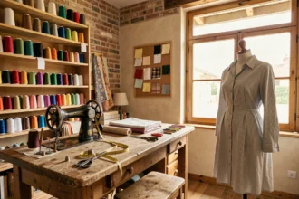 Intérieur d'une retoucherie artisanale en Nouvelle-Aquitaine avec machine à coudre, fils colorés et mannequin de couture
