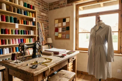 Intérieur d'une retoucherie artisanale en Nouvelle-Aquitaine avec machine à coudre, fils colorés et mannequin de couture