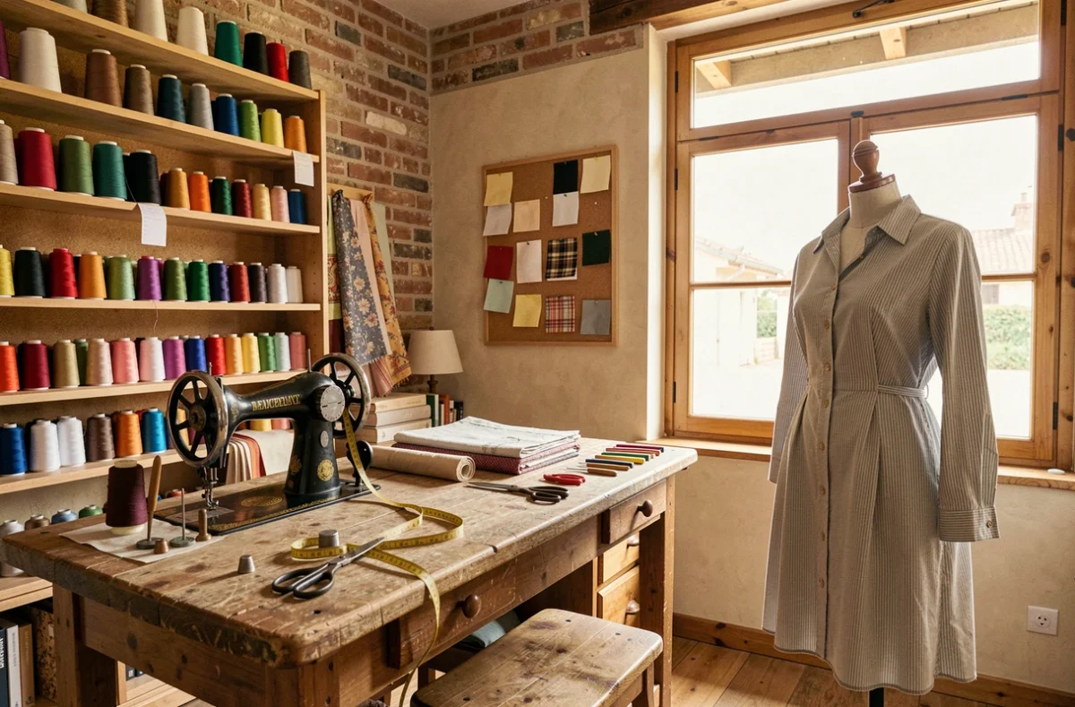 Intérieur d'une retoucherie artisanale en Nouvelle-Aquitaine avec machine à coudre, fils colorés et mannequin de couture