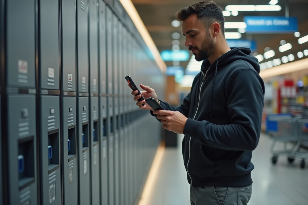 Homme scannant un QR code pour récupérer un colis Vinted dans une consigne automatique de supermarché
