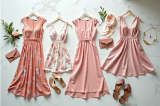 Plusieurs robes cocktail fleuries de styles variés avec accessoires assortis disposés en flat lay sur marbre blanc, vue éditoriale de dessus