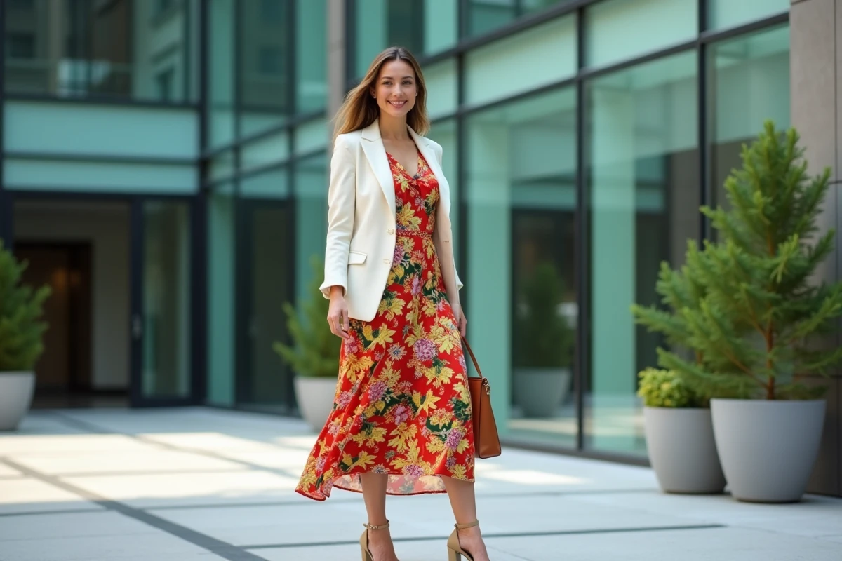 Femme en robe fleurie midi colorée portée avec un blazer structuré ivoire, talons nude et sac cuir cognac devant un immeuble moderne, look contrasté chic