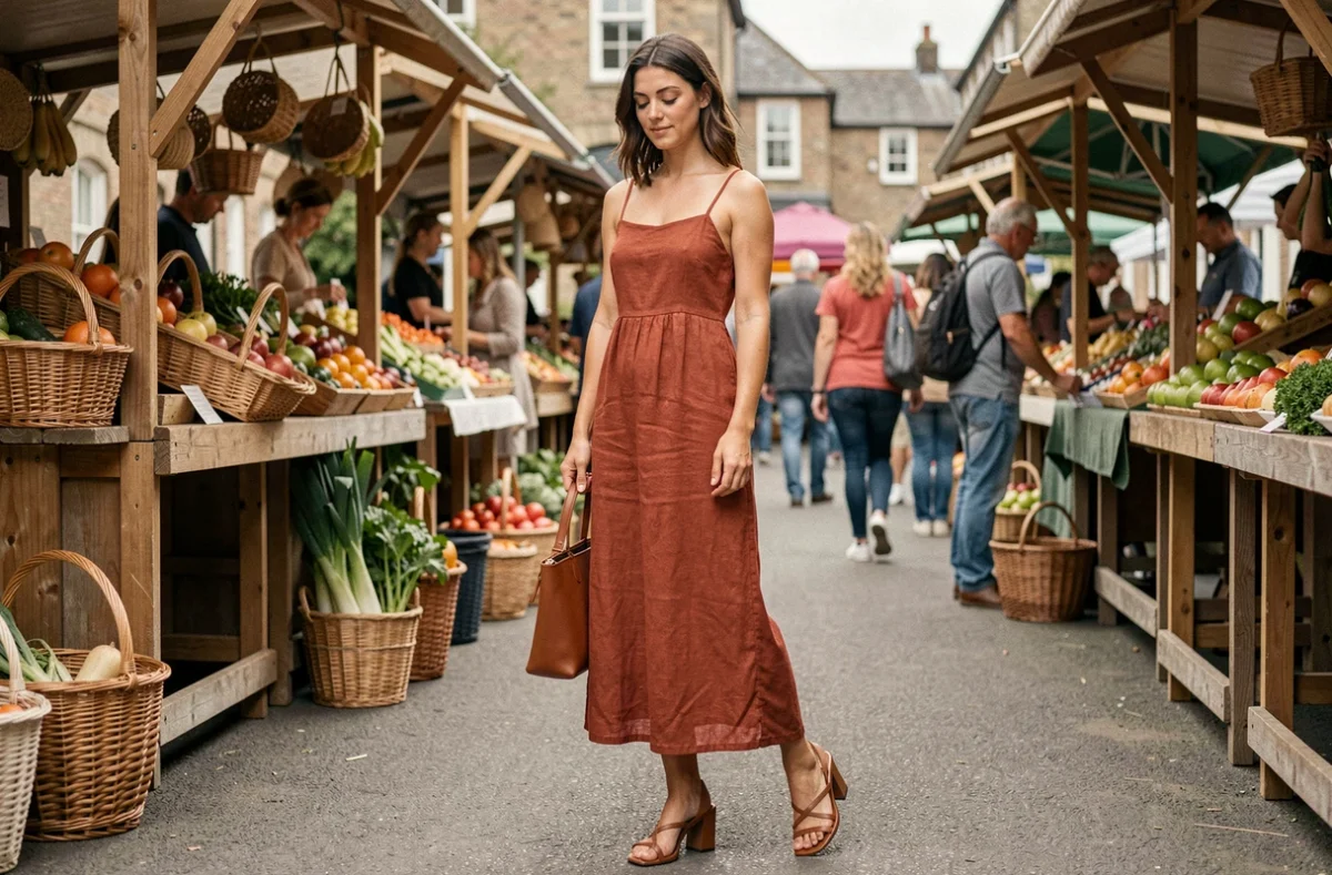 Femme en robe longue lin rouille avec sandales à talons bloc cognac au marché en plein air pour allonger la silhouette