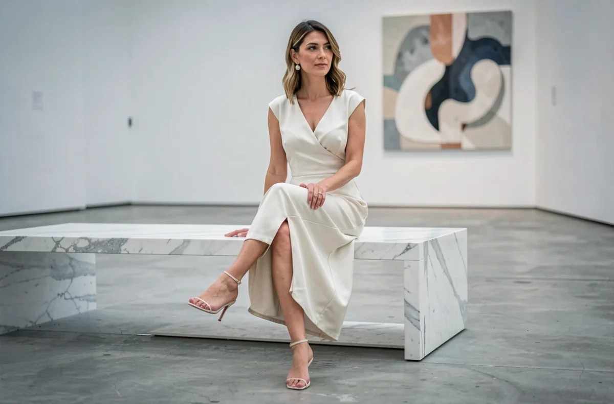 Femme assise en robe longue satin ivoire avec des mules à stilettos dans un espace galerie minimaliste pour une silhouette affinée