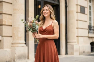 Femme en robe longue terracotta devant une mairie française lors d'un mariage civil, tenant un bouquet de fleurs séchées