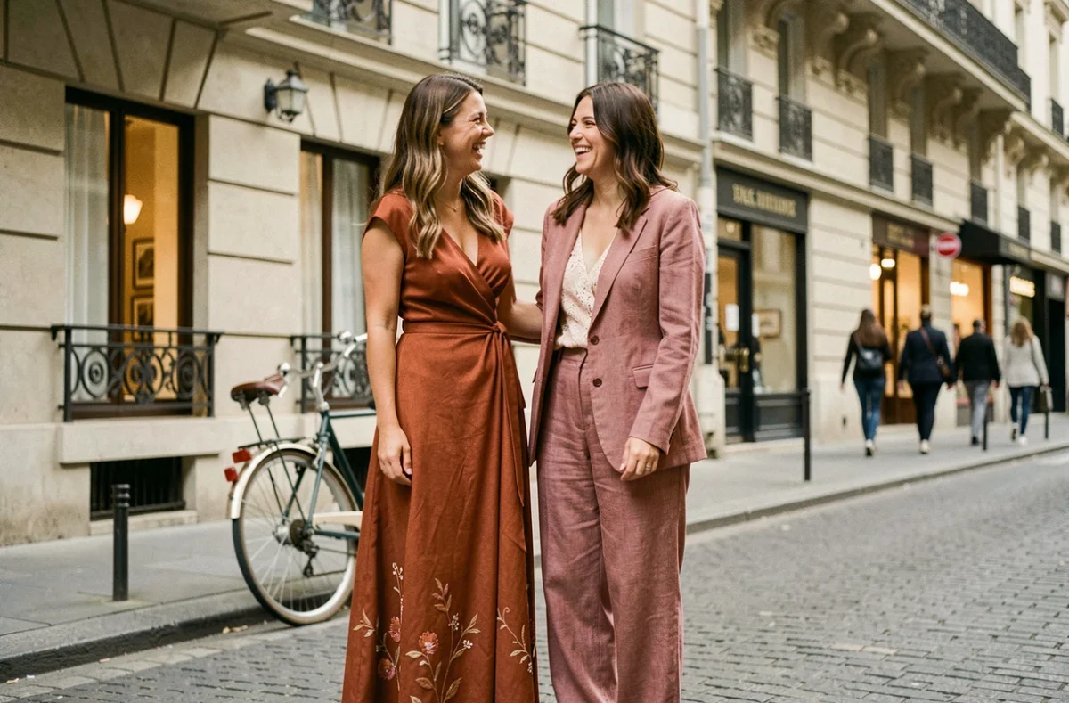 Deux femmes élégantes dont une en robe longue terracotta rient dans une rue parisienne après un mariage civil