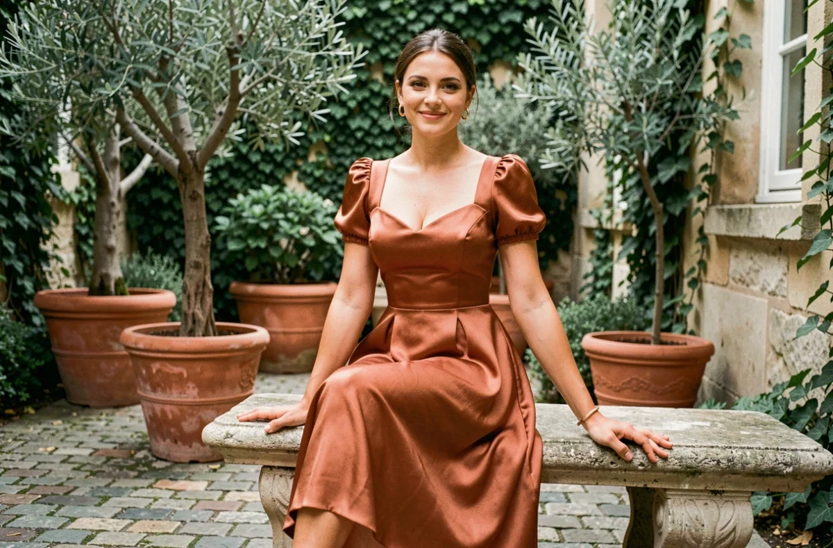 Femme assise en robe terracotta satin dans un jardin urbain élégant, tenue de mariage civil chic et décontractée