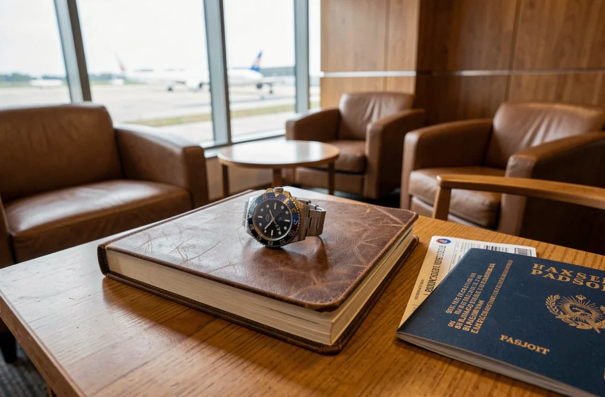 Rolex GMT-Master II Bruce Wayne posée sur un carnet de voyage en cuir avec passeport et carte d'embarquement dans un salon d'aéroport premium