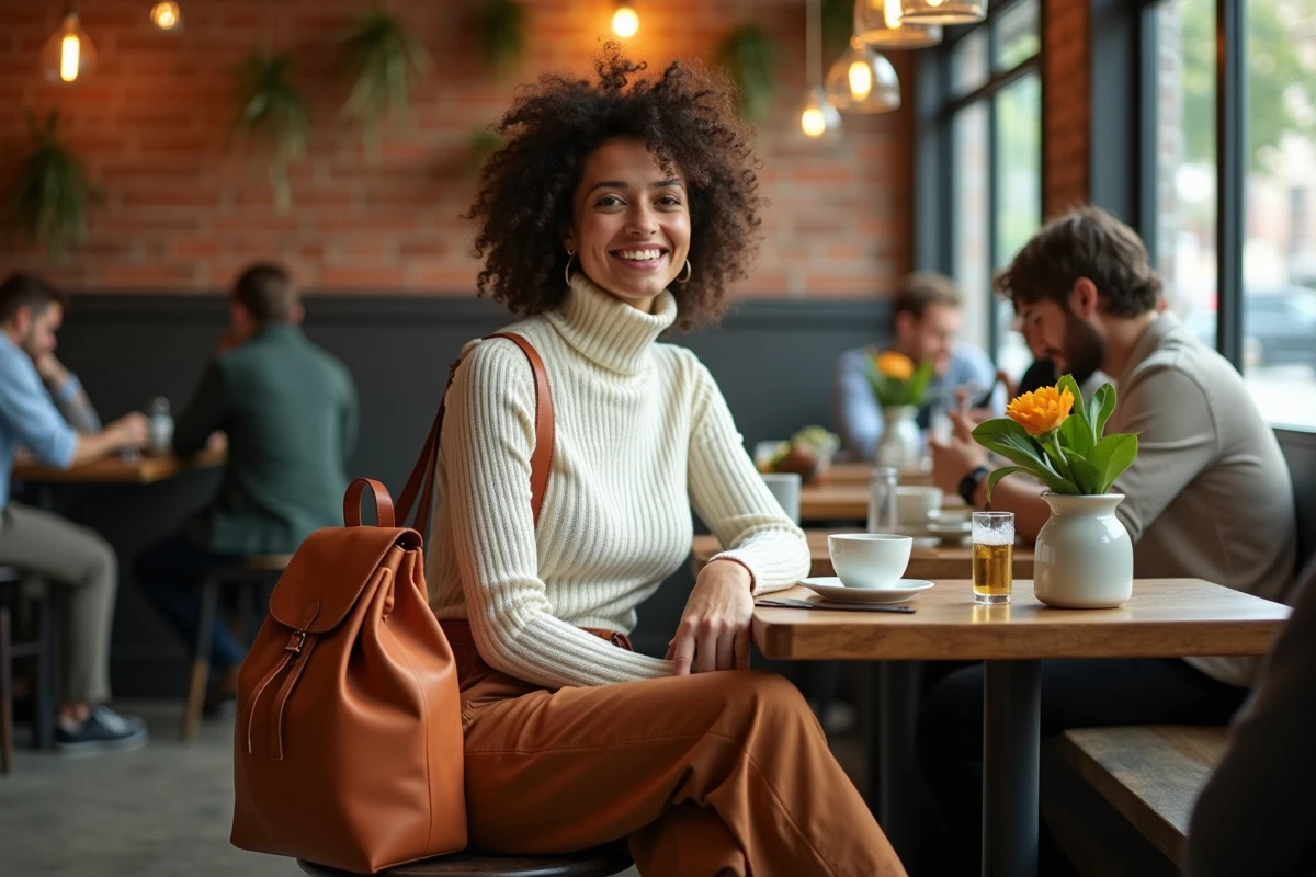 Femme assise en café avec un sac à dos toile ciré terracotta, tendance mode urbaine automne 2026