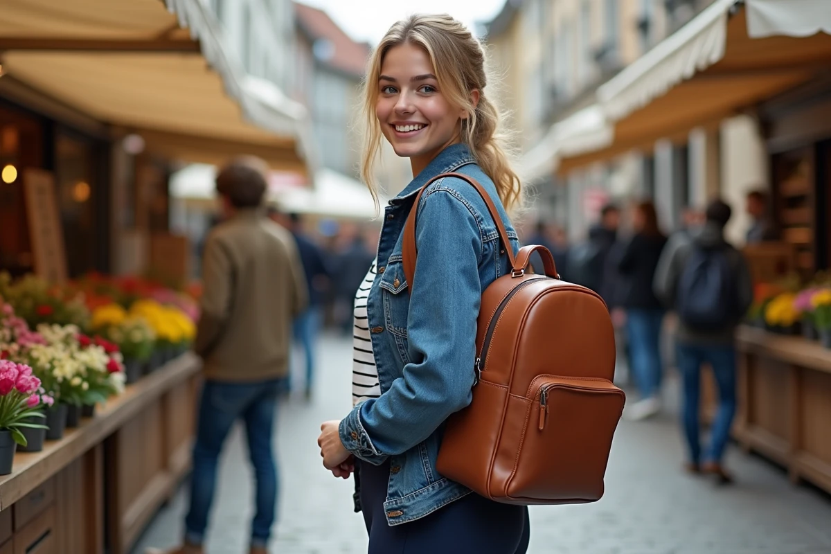 Jeune femme au marché en plein air avec sac à dos cuir cognac arrondi, look casual chic tendance 2026
