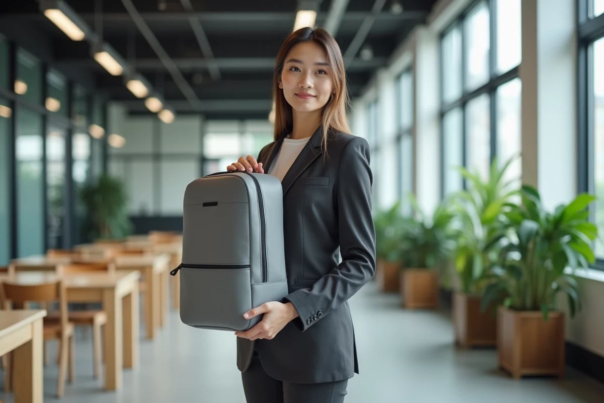 Femme professionnelle en bureau moderne avec sac à dos technique gris élégant, style urbain tendance 2026