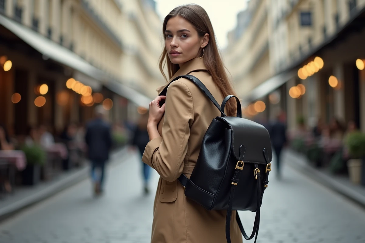 Femme portant un sac à dos en cuir noir structuré dans une rue pavée parisienne, style tendance 2026