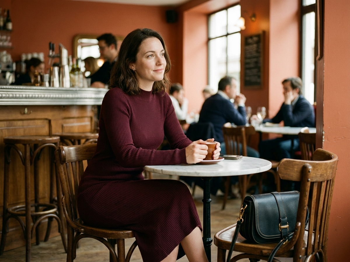 Femme en robe bordeaux avec un sac à main en cuir noir structuré dans un café parisien