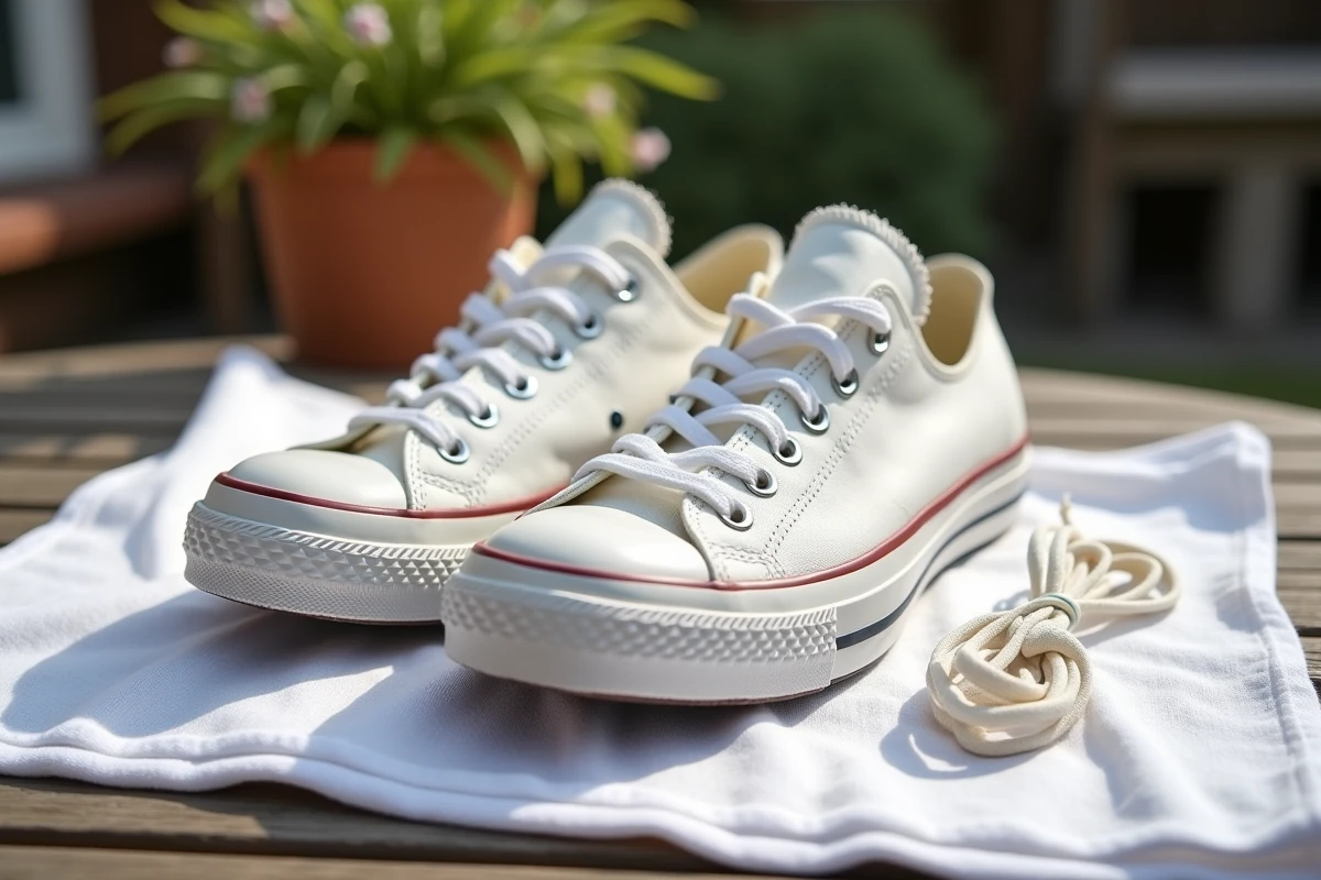 Converses blanches propres séchant sur une serviette après lavage en machine