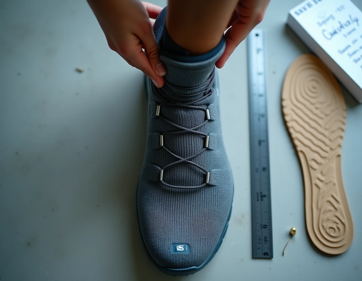 Pied chaussé d'une chaussette épaisse entrant dans une chaussure Salomon avec règle et notes de mesure