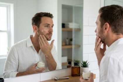 Homme prenant soin de sa peau avec une crème hydratante dans une salle de bain moderne et épurée