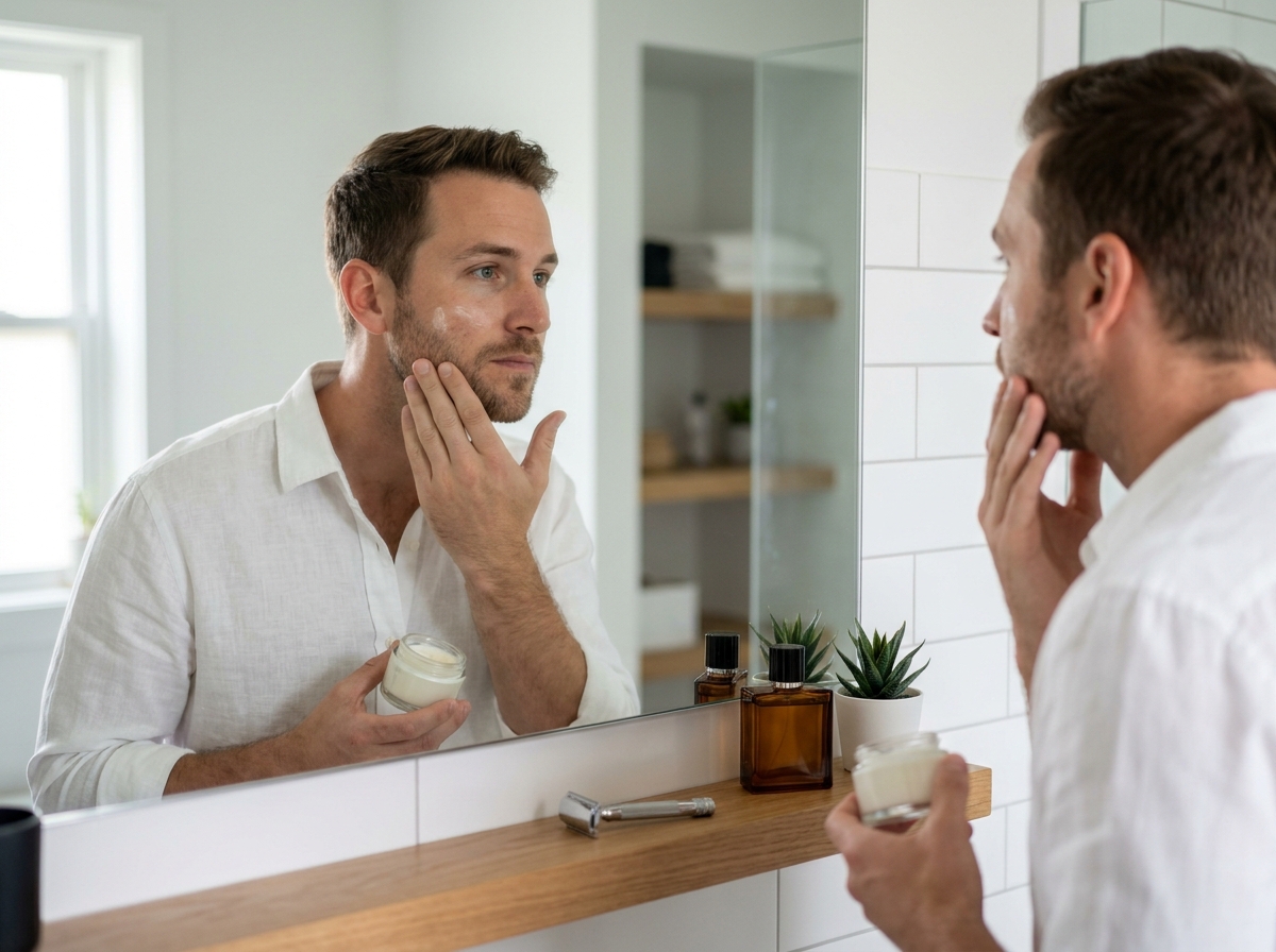 Homme prenant soin de sa peau avec une crème hydratante dans une salle de bain moderne et épurée