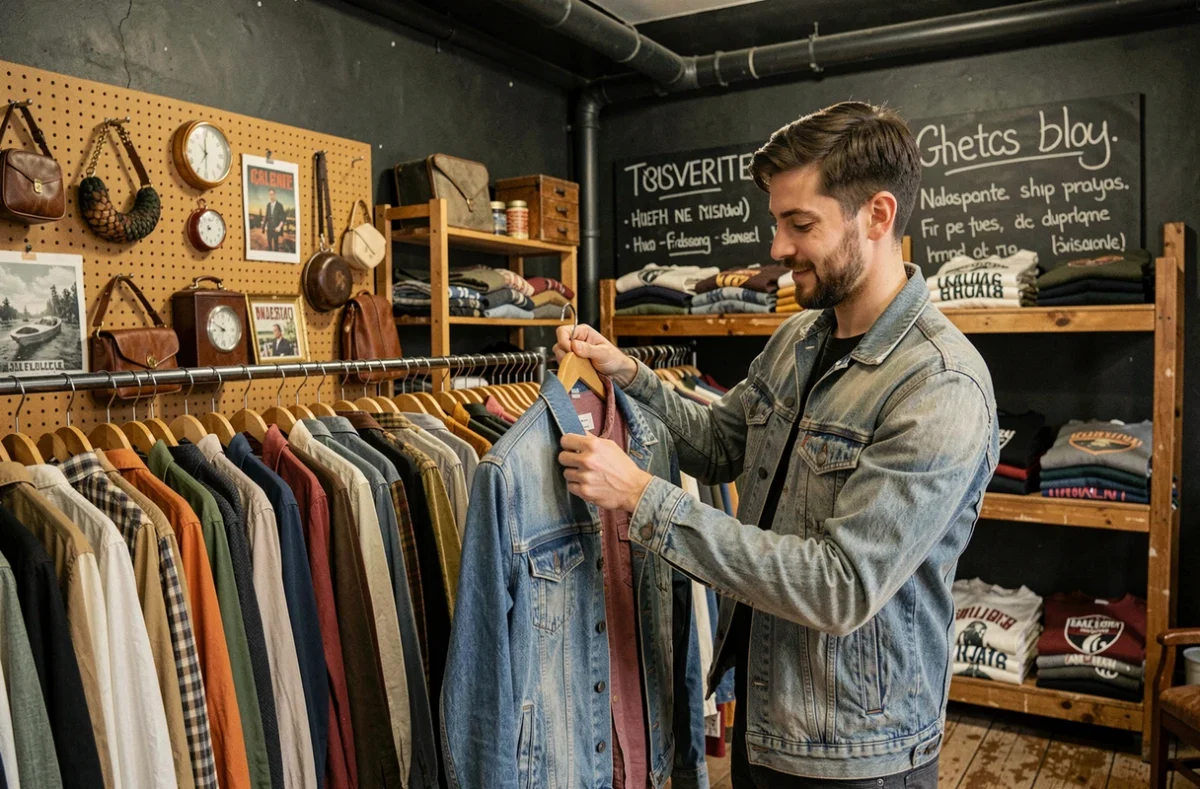 Client feuilletant les vêtements vintage chez Soleil Noir Friperie-Brocante à Toulouse