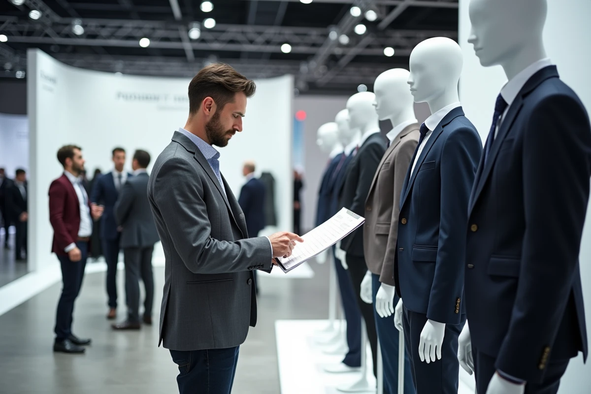 Professionnel de la mode consultant un tableau de mensurations standardisées lors d'un salon international de la mode