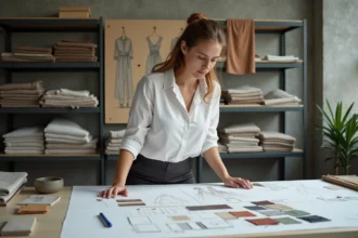 Styliste de mode dessinant des croquis de vêtements sur une table de travail couverte de tissus et de palettes de couleurs dans un studio de création moderne
