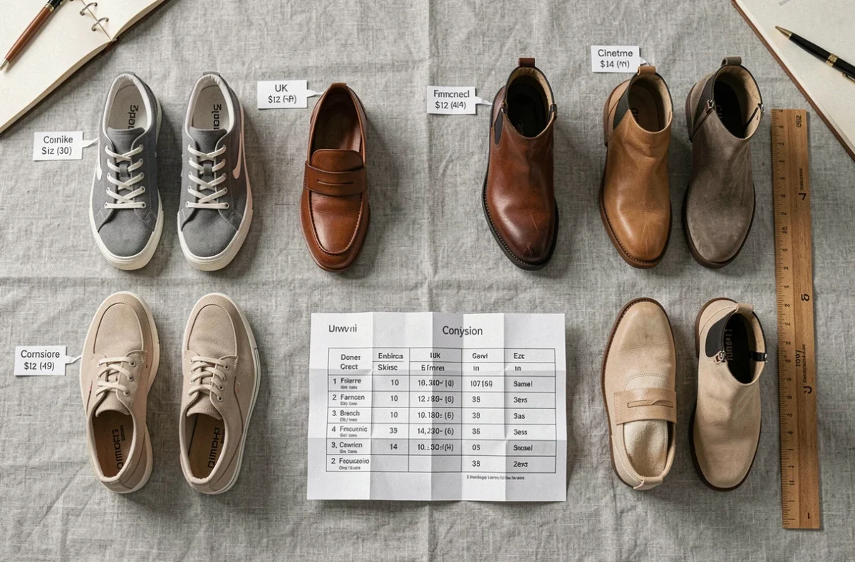 Tableau de conversion des tailles de chaussures UK et France avec plusieurs modèles étiquetés et un guide imprimé