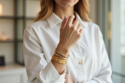 Femme portant des bracelets tendance dorés et manchette sculptée en bijouterie parisienne en 2026