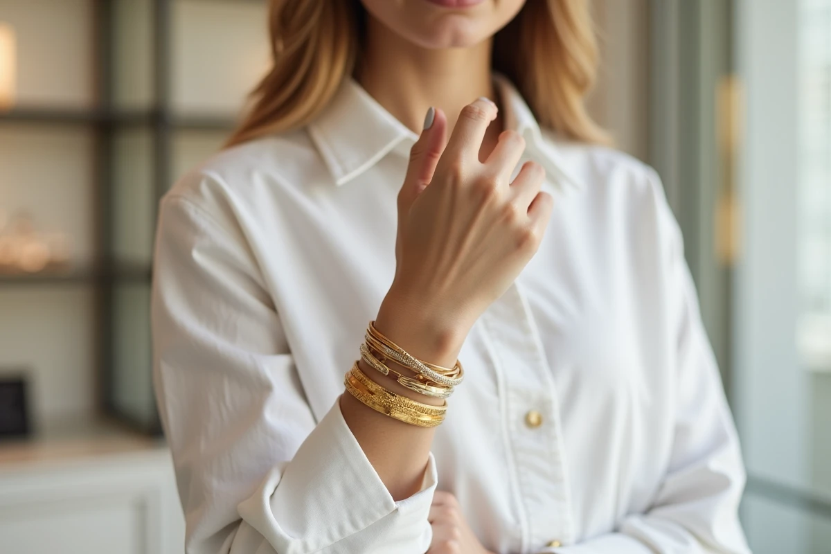 Femme portant des bracelets tendance dorés et manchette sculptée en bijouterie parisienne en 2026