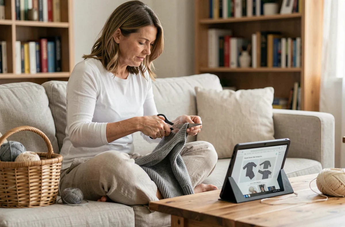 Femme transformant un pull en laine rétréci avec des ciseaux en suivant un tutoriel DIY sur tablette dans un salon cosy