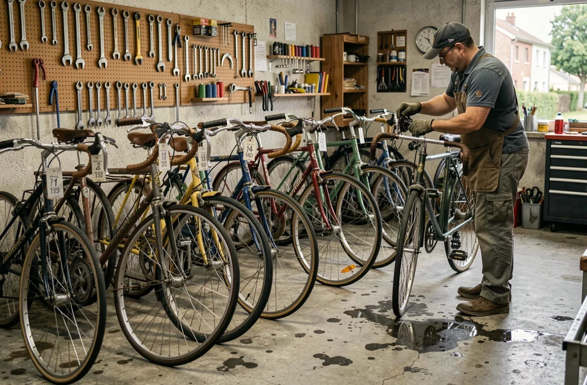 Rangée de vélos d'occasion chez Troc Vélo Montreuil avec mécanicien réglant un vélo de route vintage