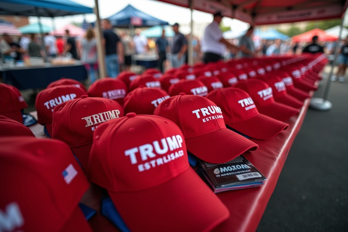 Table de vente de casquettes MAGA rouges lors d'un événement politique américain, rangées de casquettes avec étiquettes de prix et décorations patriotiques