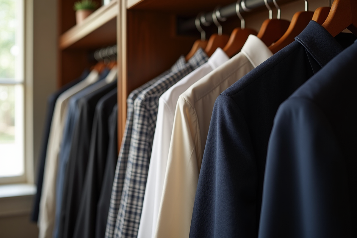 Vestiaire avec chemises et vestes Polo Ralph Lauren bien rangées