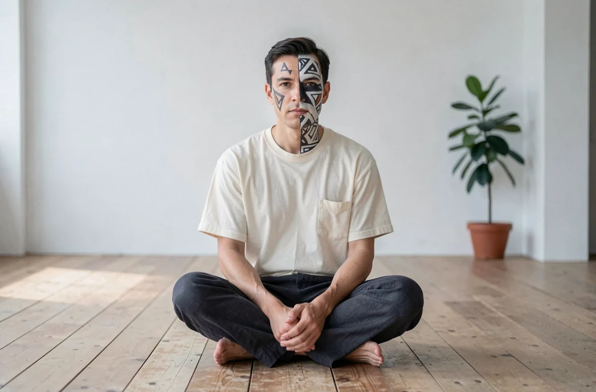 Personne au visage mi-peint de motifs géométriques dans un studio minimaliste, illustrant le concept d'identité duelle et de visage ziak