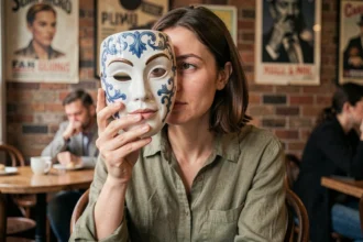 Femme tenant un masque devant son visage dans un café parisien, symbolisant l'identité cachée et la dualité du visage ziak
