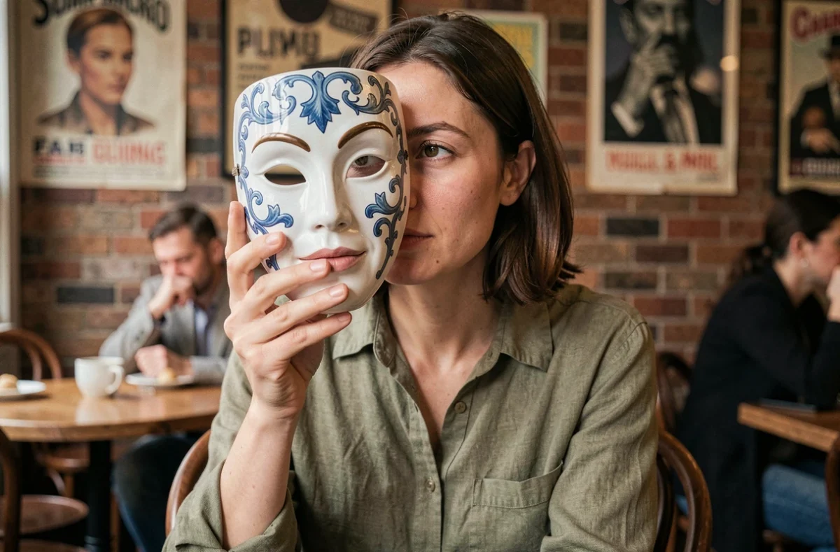 Femme tenant un masque devant son visage dans un café parisien, symbolisant l'identité cachée et la dualité du visage ziak