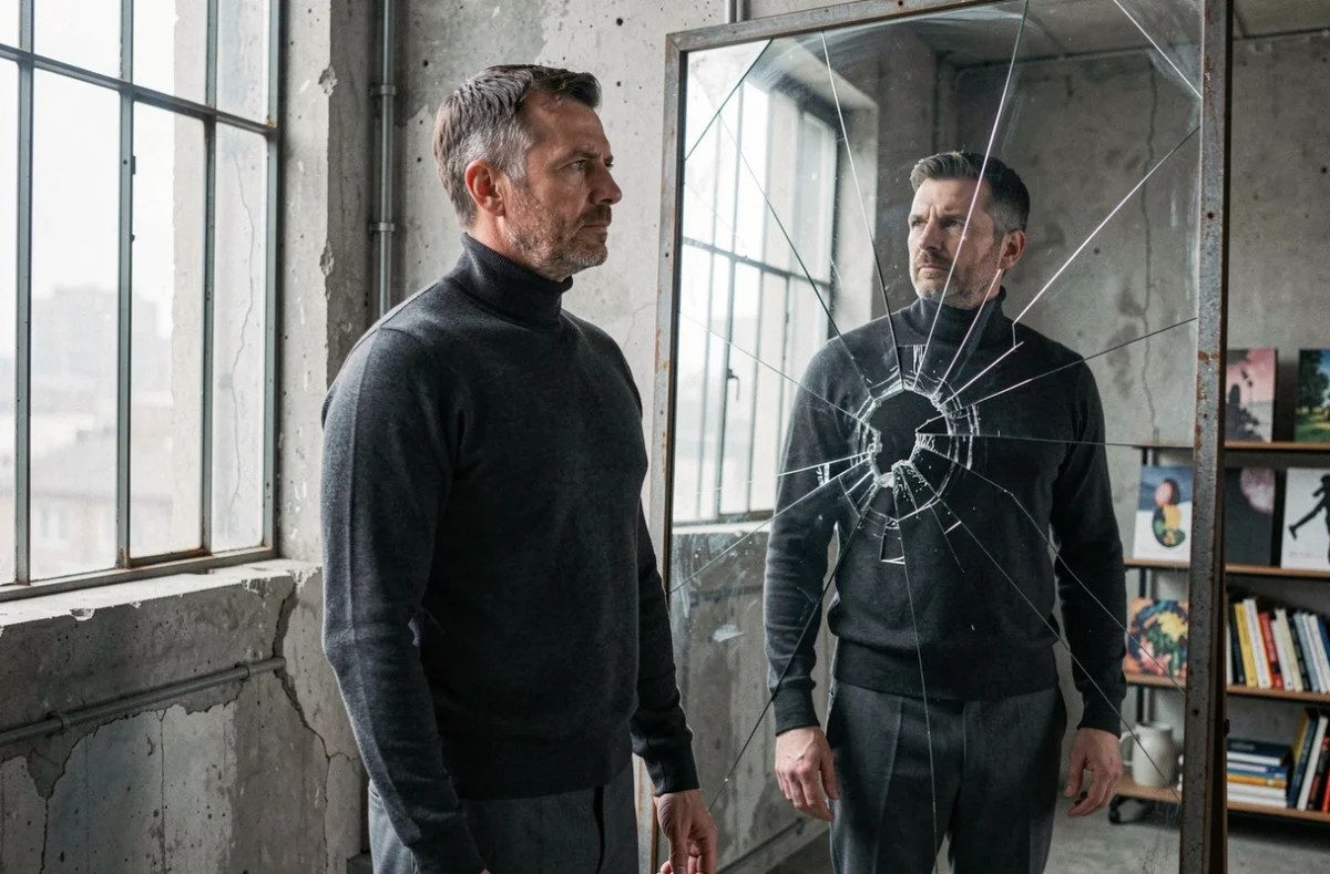 Homme face à un miroir fissuré dans un loft urbain, reflet divergent évoquant l'identité secrète et le concept de visage ziak